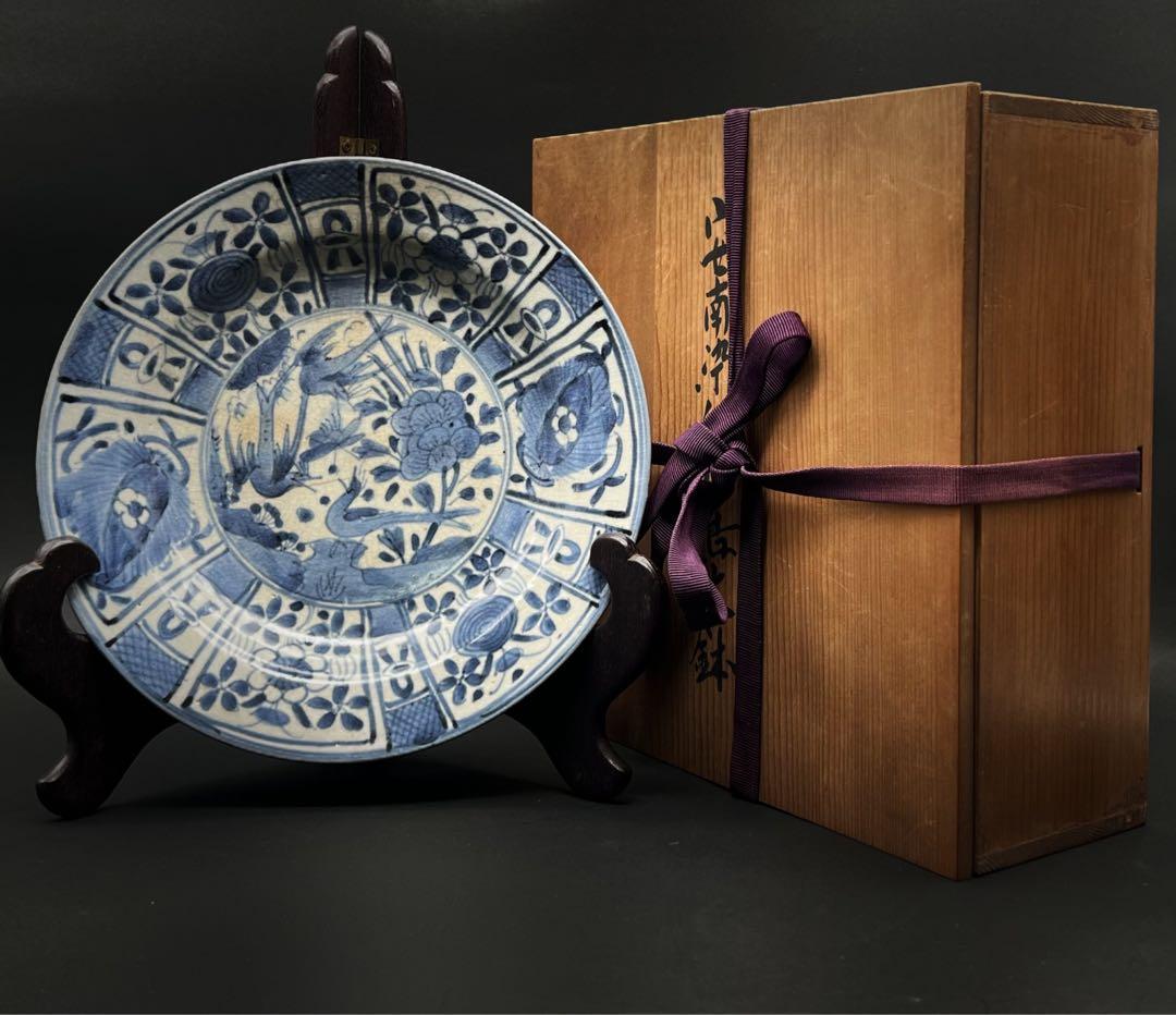 古美術 骨董品 安南染付花鳥文鉢 飾り皿 大皿 木箱付き