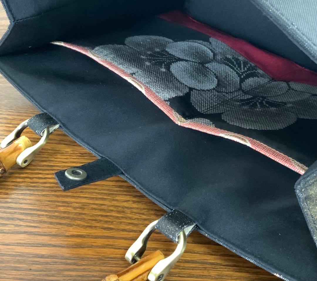 きらめく扇面に刺繍の白梅　袋帯　リメイク　バンブーハンドルバッグ　浅型マチ広め