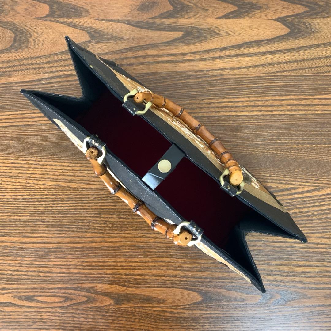 きらめく扇面に刺繍の白梅　袋帯　リメイク　バンブーハンドルバッグ　浅型マチ広め
