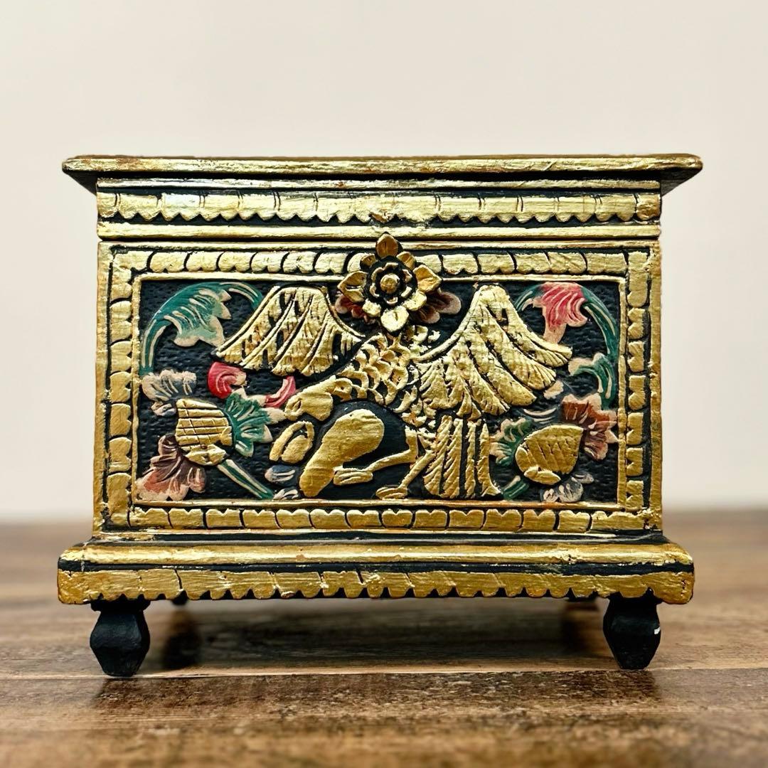 20世紀中期 アンティーク 木製宝箱 彩色金彩彫刻 蓋付き 小物入れ ビンテージ