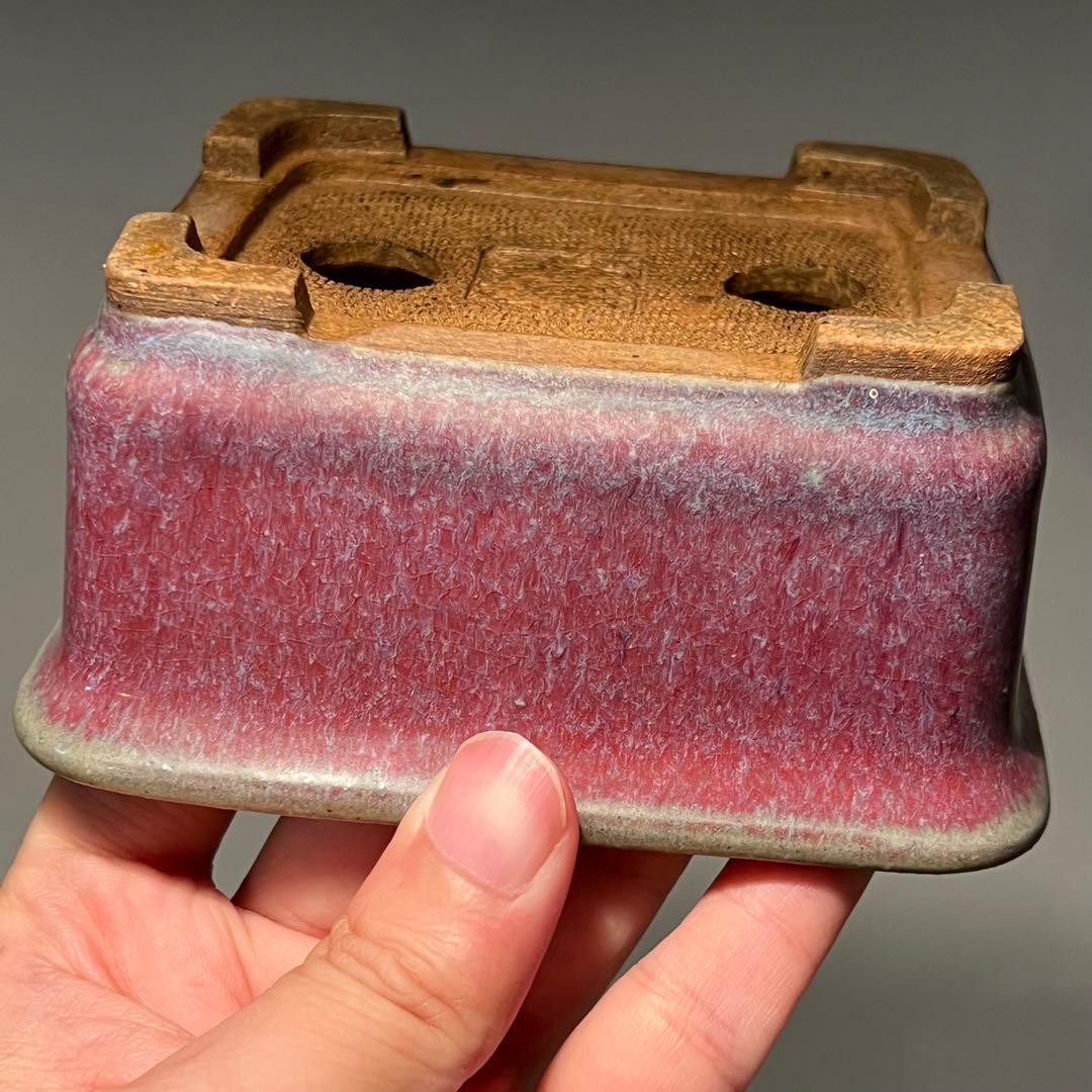 835.平安虹泉 紫釉抚角長方 盆栽鉢 植木鉢 11.7*9.7*5.7cm