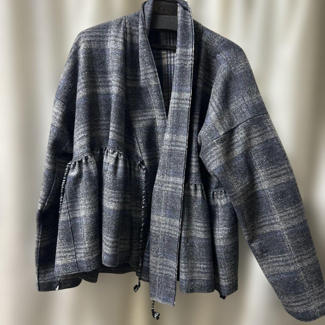 450 長袖カシュクールカーディガン グレー系 チェック柄