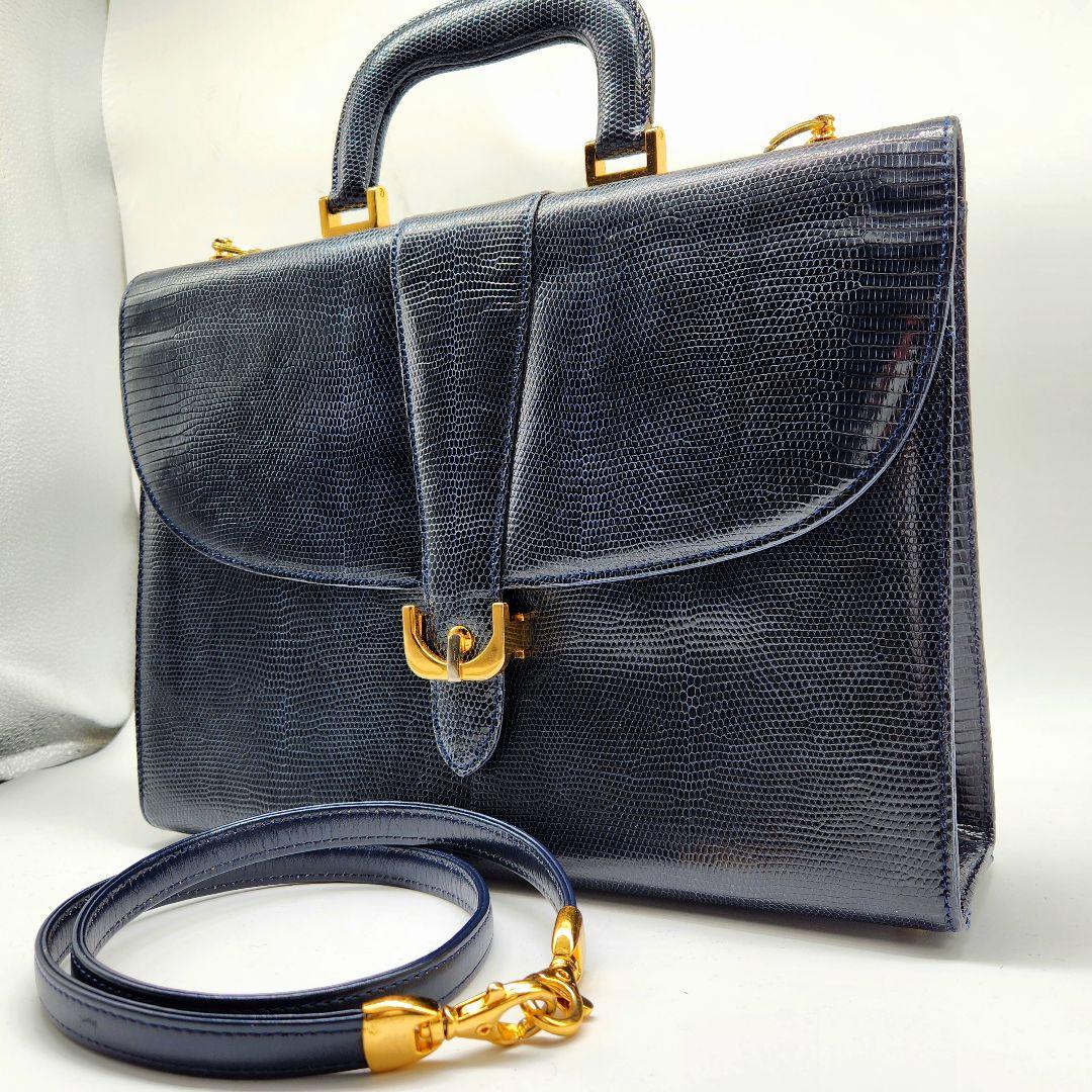 FURDI ITALY リザードレザー ハンドバッグ ネイビー フォーマル