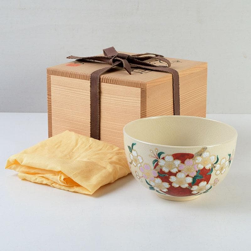 茶道具　暁窯　岡田暁山作　大福茶碗　旭日に梅之図　共箱　V　9582