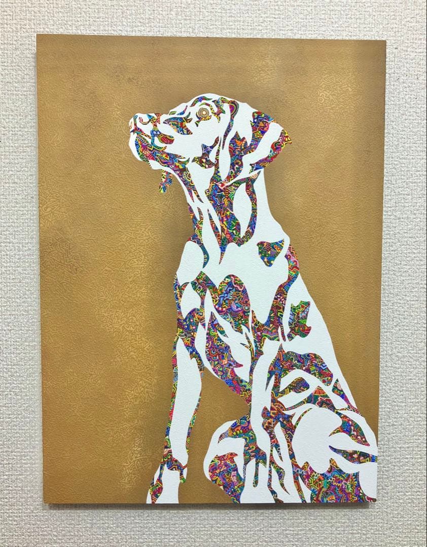 原画　犬　動物画　絵画　アクリル画　現代アート　細密画　手描き　一点物