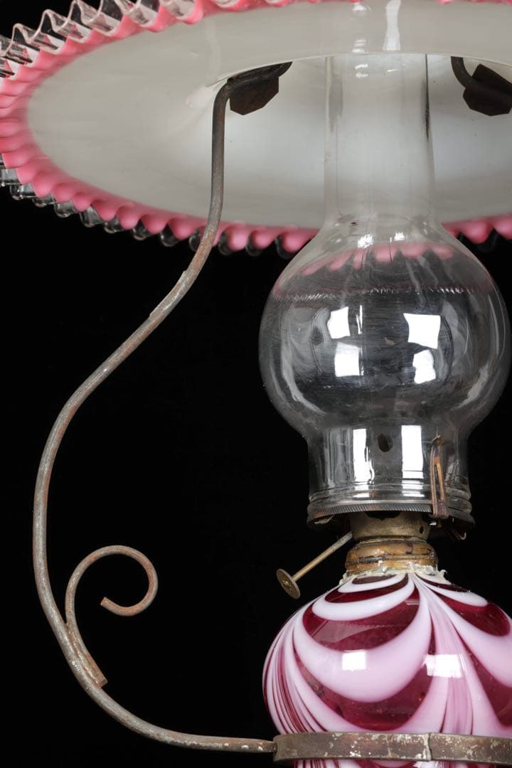 け*ん様 吊りオイルランプ 明治～大正期 乳白ガラス傘 マーブルピンク模様オイル