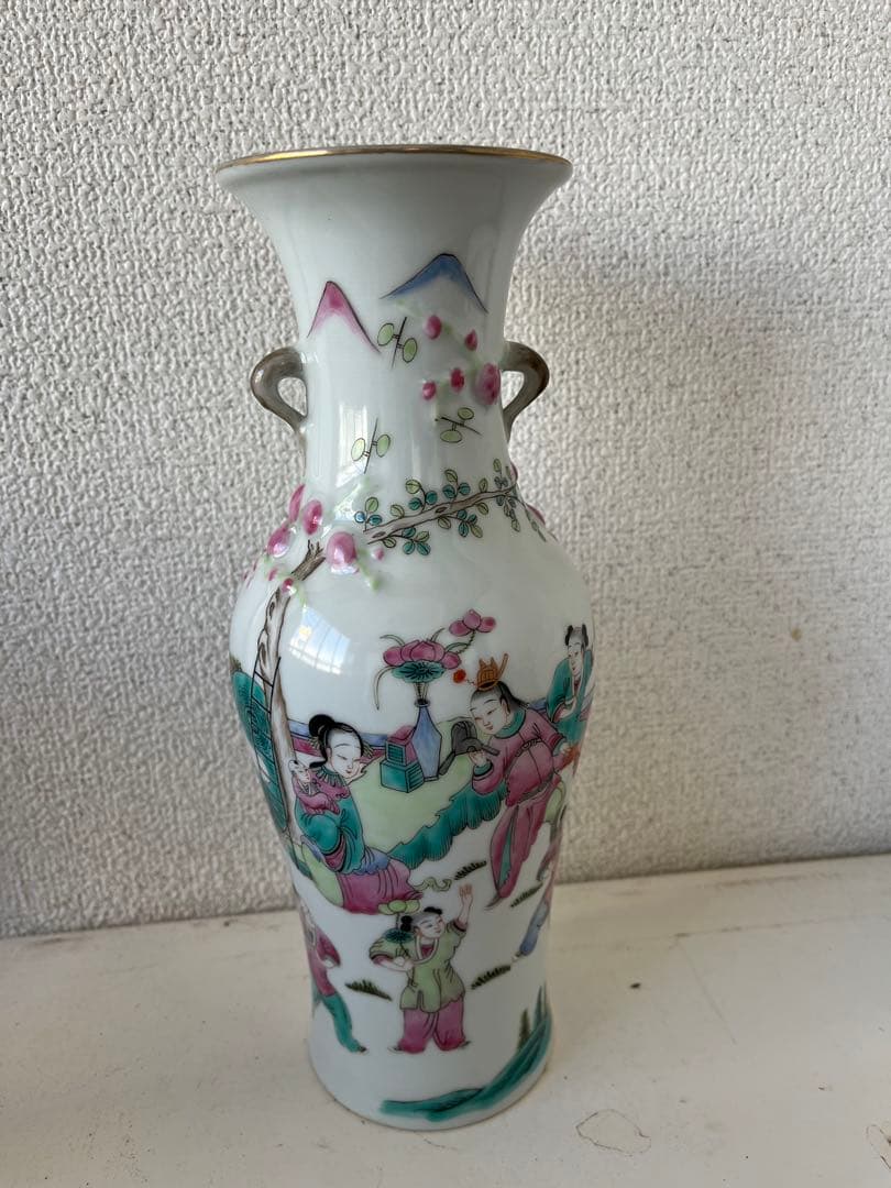 民国時代　中国古玩　粉彩　双耳 花瓶 壺　木箱