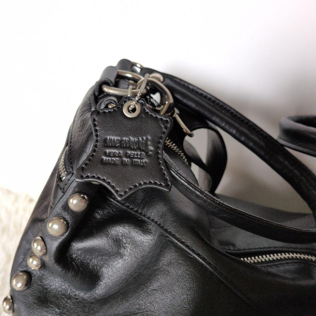 【新品】イタリア製本革スタッズバック レザーブラック2wayバッグ