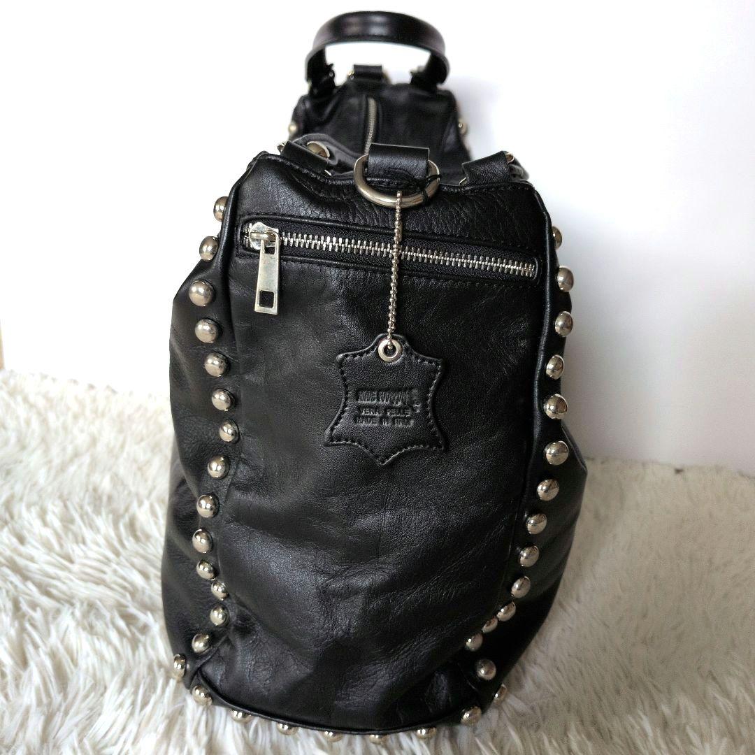【新品】イタリア製本革スタッズバック レザーブラック2wayバッグ