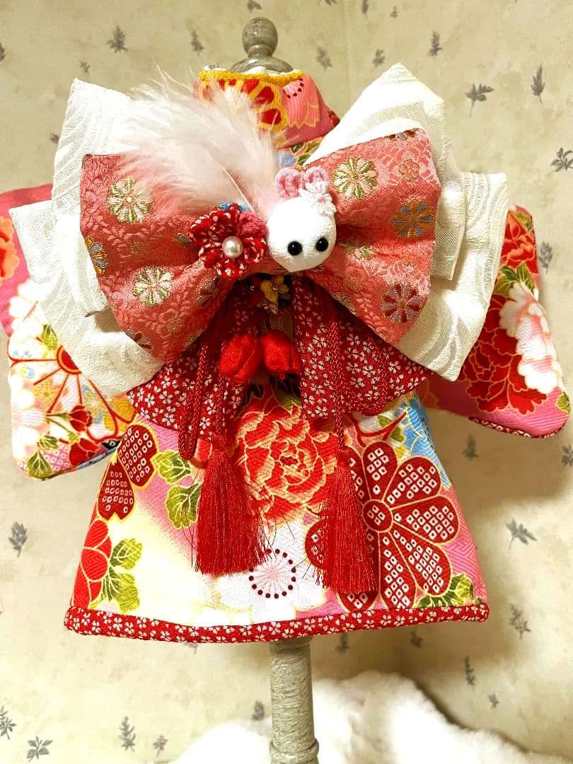 帯飾りを足してお作りし直しました。☆*花柄ピンク着物☆*　犬服　犬服用お着物