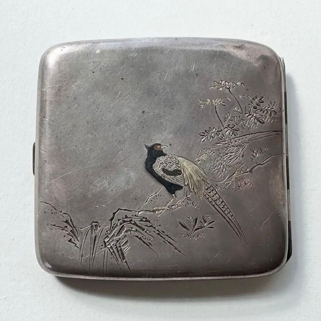 彫金 雉（キジ）ペア図 シガレットケース 金工細工 美秀刻