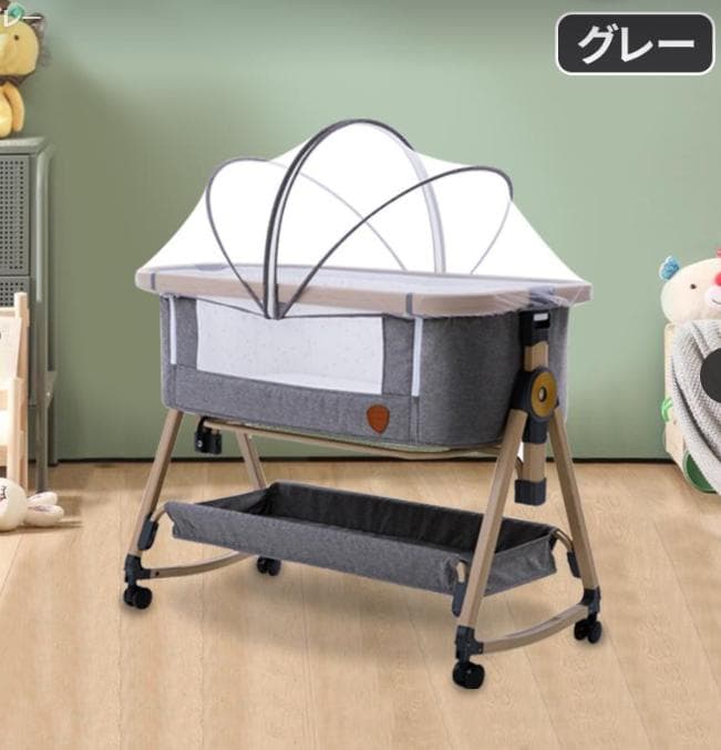 HZDMJ ベビーベッド　収納かご蚊帳マット付　キャスターらくらく移動　揺りかご