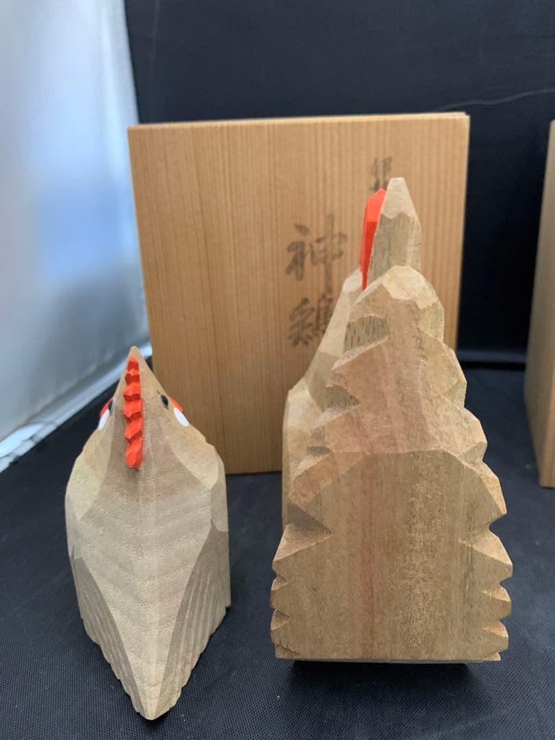 一刀彫師 中村良記作 干支の置物 酉 神鶏 雄雌2羽セット×2/ 1羽　共箱