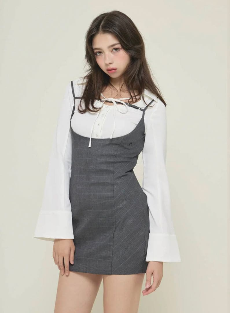 ワンピース andmary Betty layered check dress/ gray