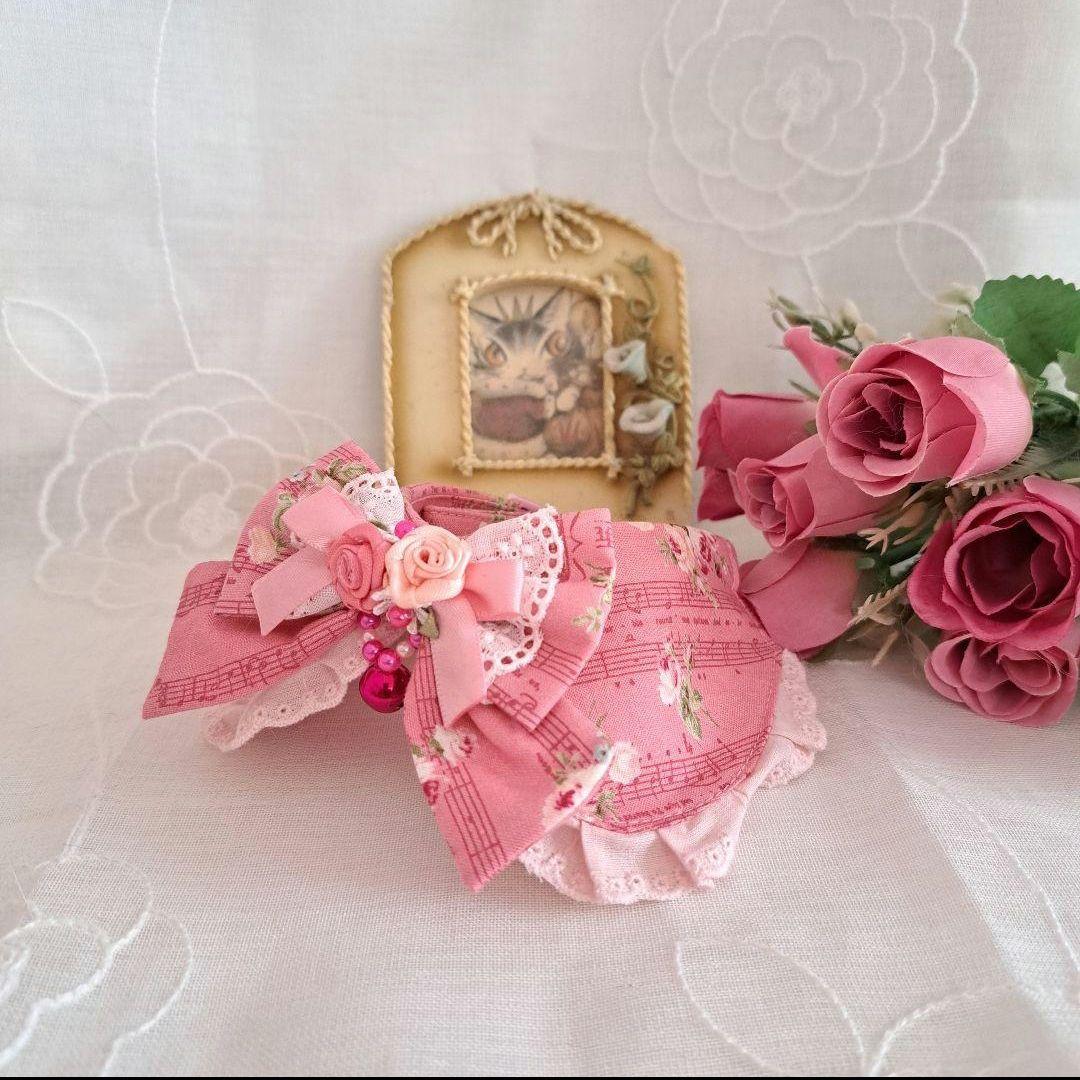 marin☆、幅広シュシュ和風つまみ細工(ピンク)わんちゃん猫ちゃん用