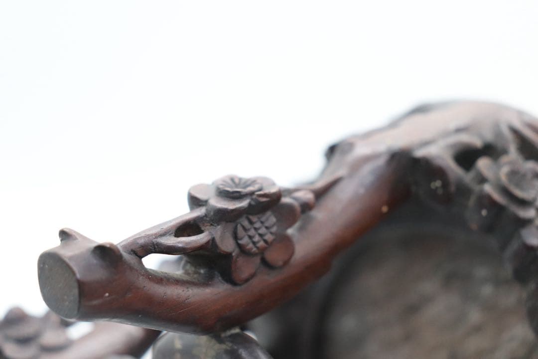 中国　梅彫　大理石嵌唐木花台　茶道具　送料込み260113