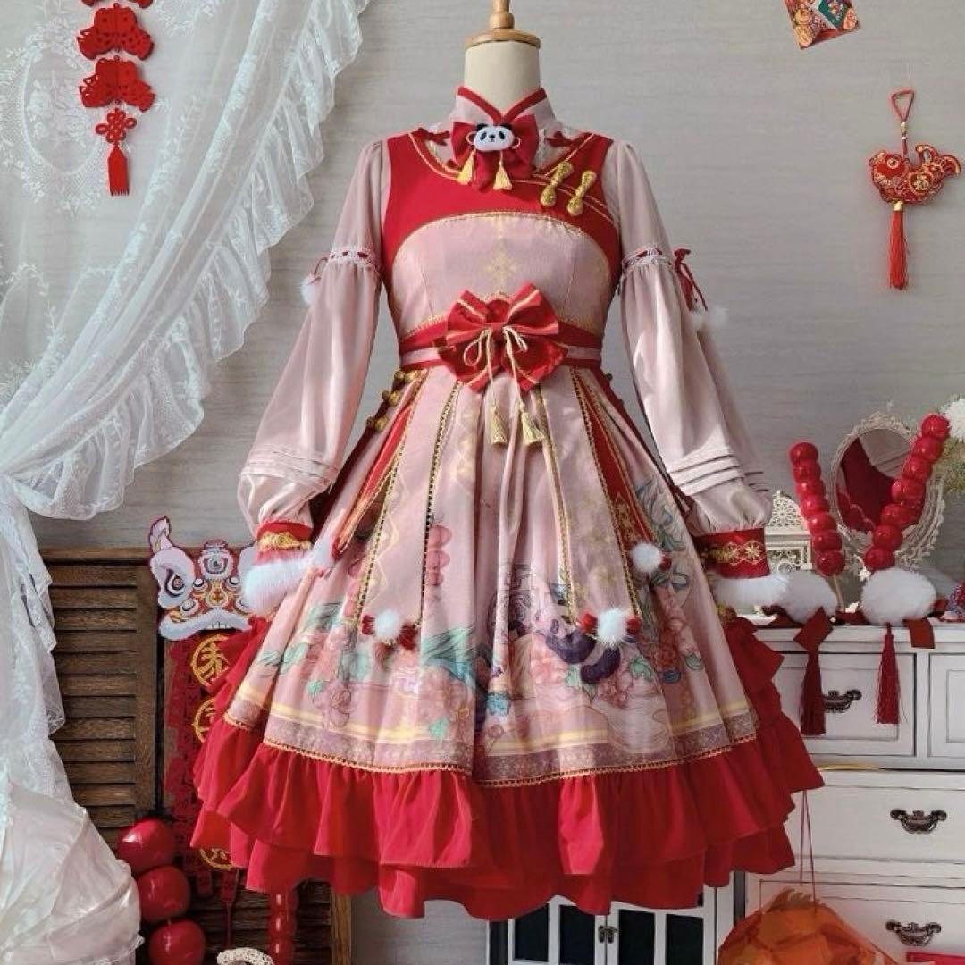 中華ロリ　チャイナ風ロリータ　パンダ　赤　ピンク　コンカフェ　M コスプレ　衣装