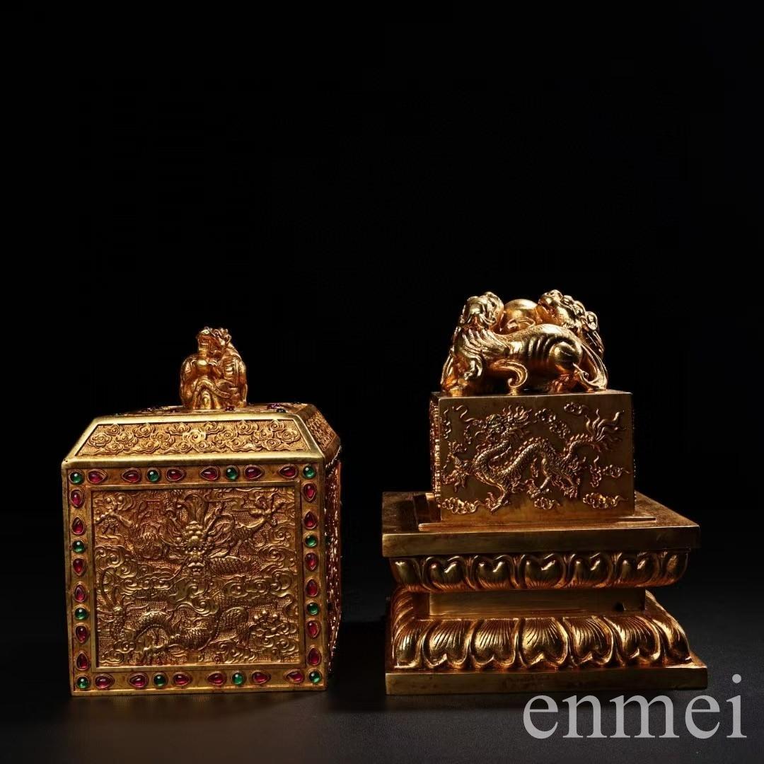 中国古美術・旧蔵鏨刻鎏金の龍印鑑玉璽・純銅製・高浮彫・置物・書道具・文房具・風水