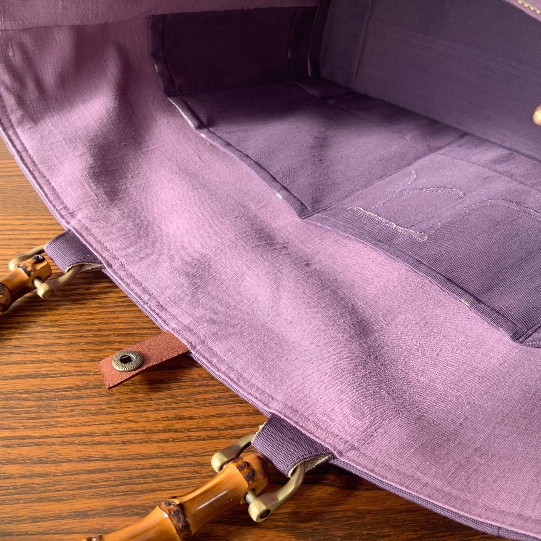 A4サイズ対応　紬帯　銀の香炉と金の枝花　リメイク　バンブーハンドルバッグ