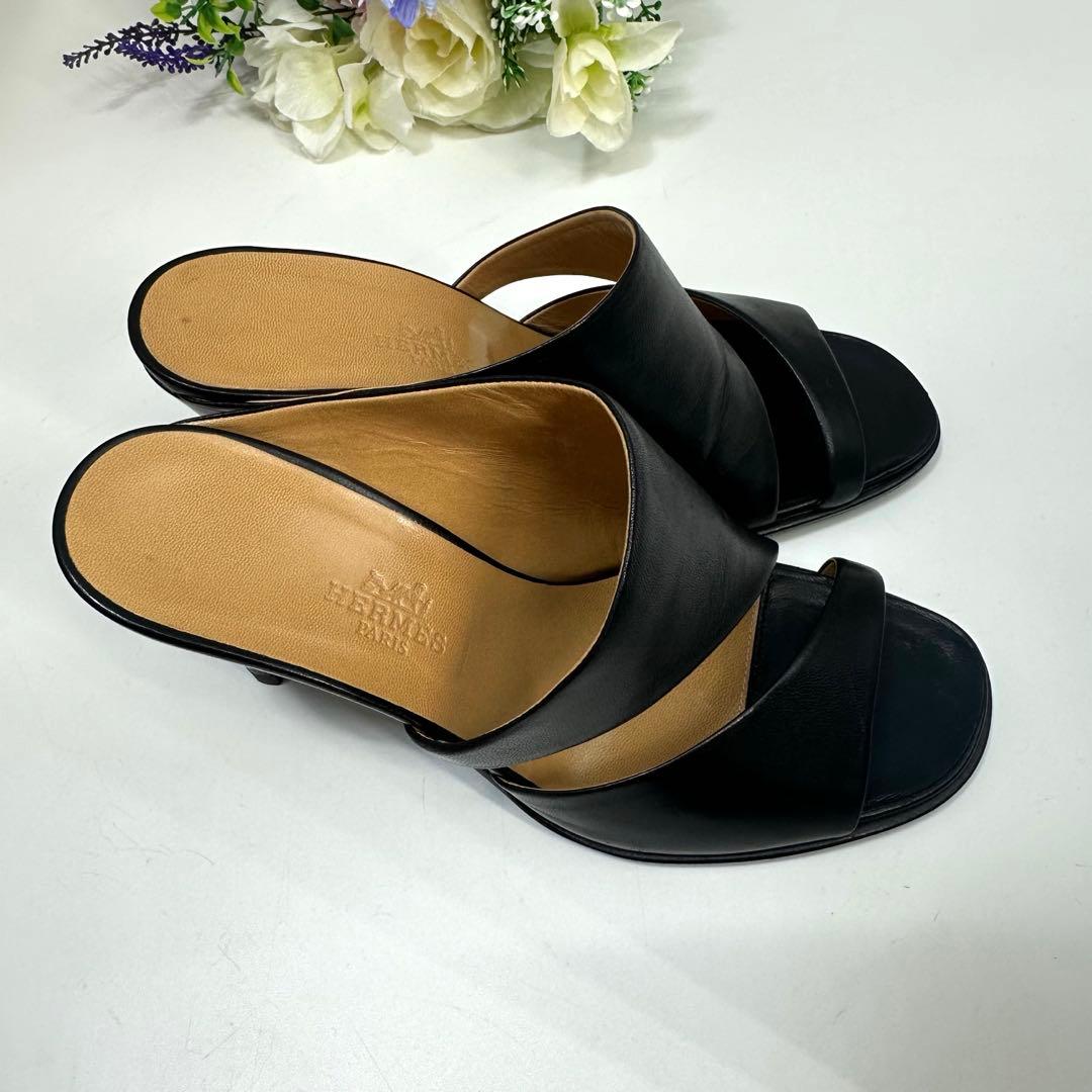 美品★HERMES★エルメス ミュール サンダル レザー 黒 ヒール サイズ35