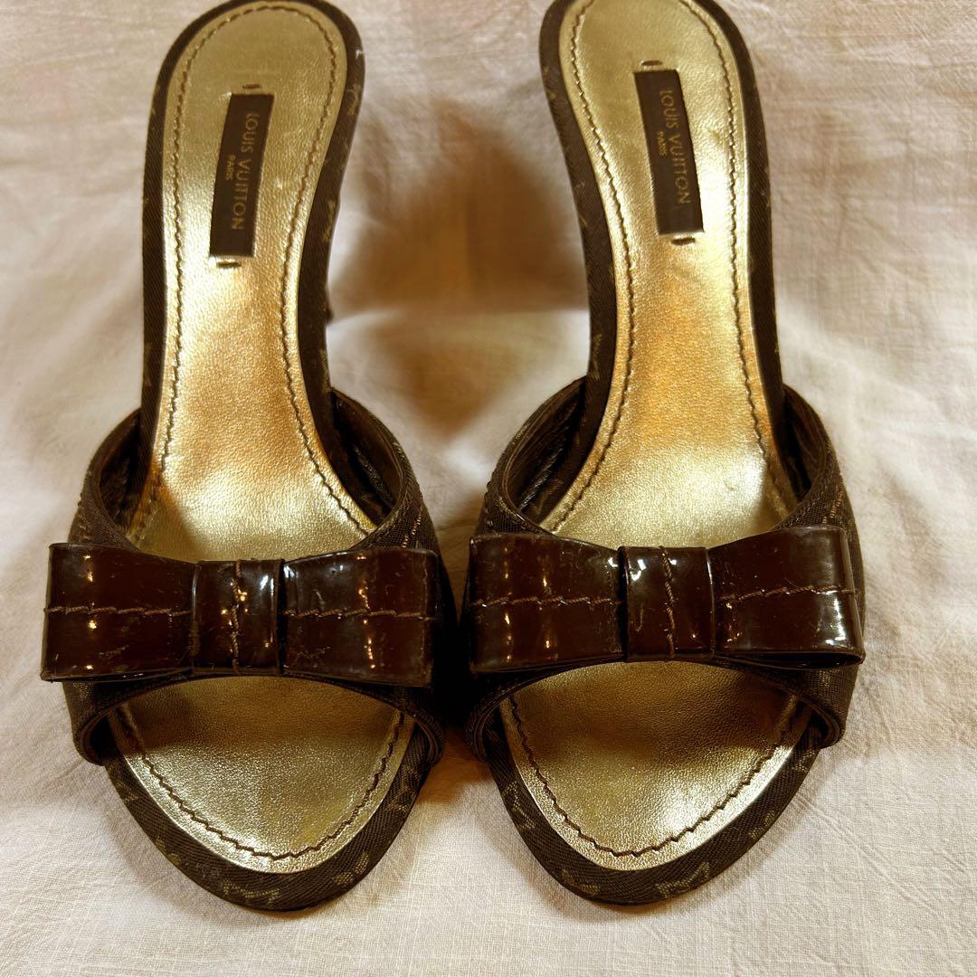 ルイヴィトン　リボン付きブラウンレザー ミュール　即日発送　23cm