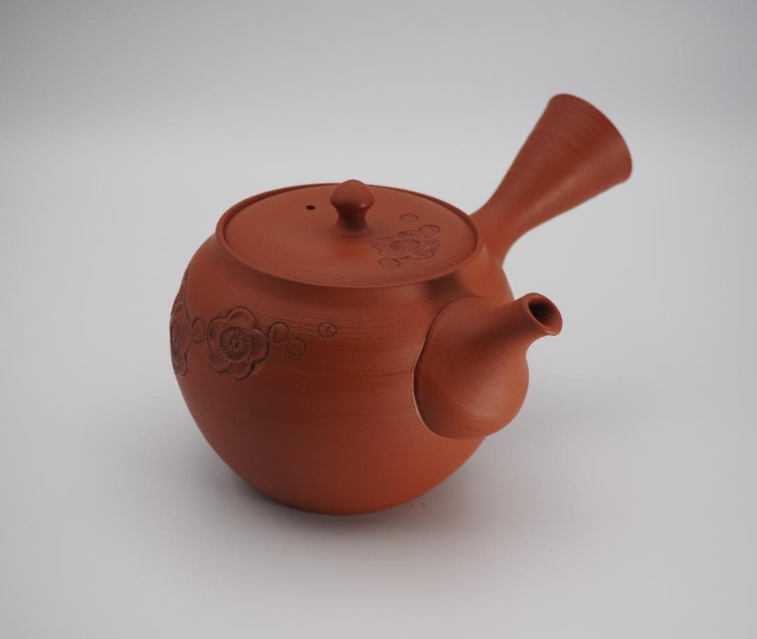 常滑焼 山田宝生作 梅花彫 朱泥急須