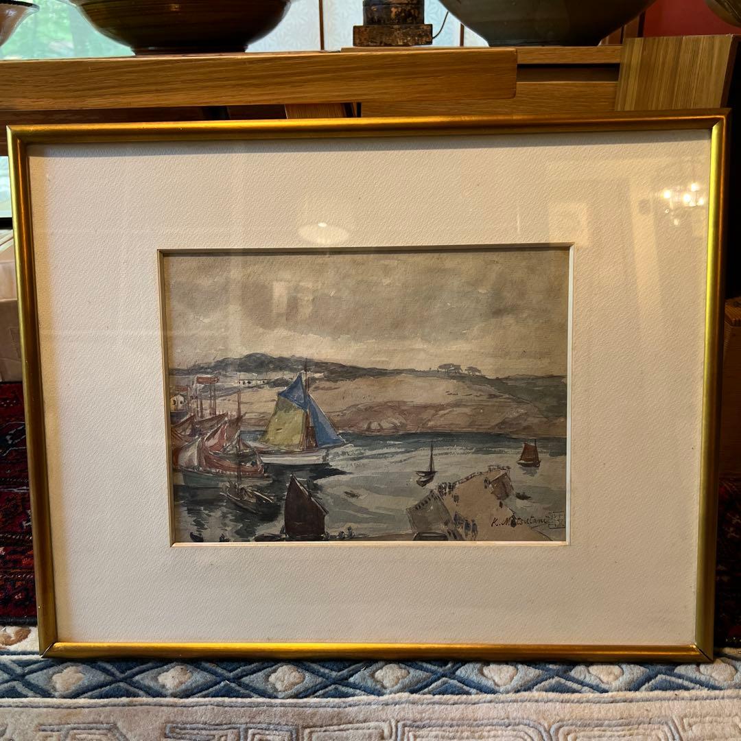 満谷国四郎　 K. Mitsutani 港の風景 水彩画