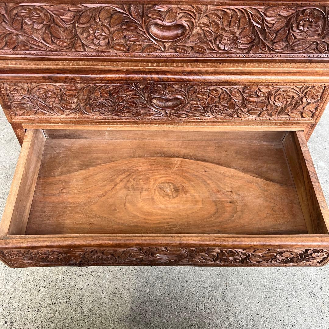 高級 アジアアン アンティーク 彫刻入り木製 引き出し付き