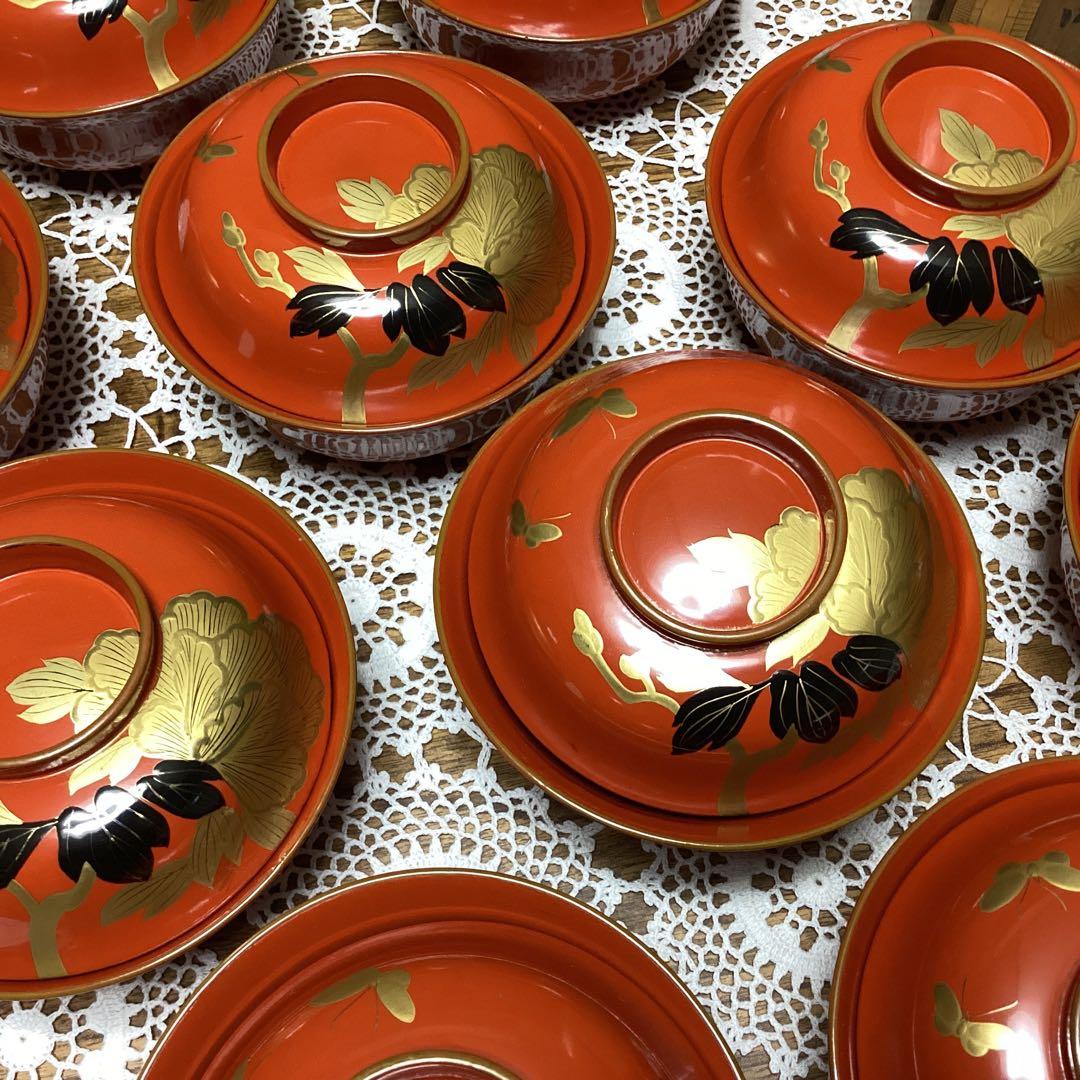 k2f8 朱色 牡丹　蓋付き椀 10客　金色装飾　年代物