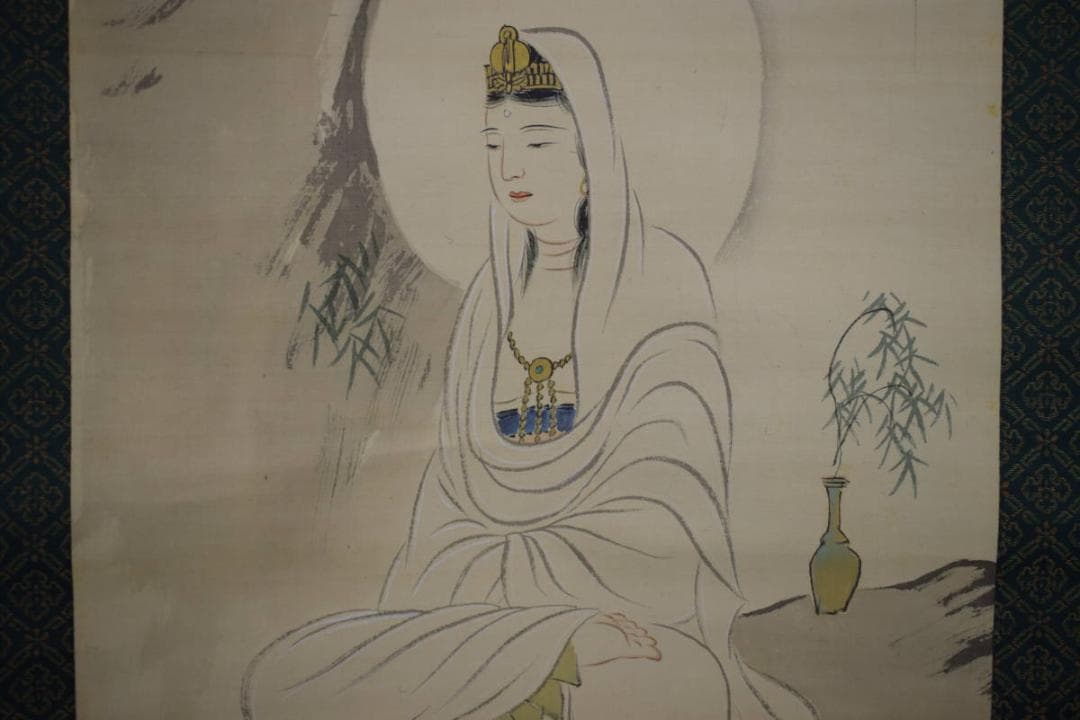 真作/三井萬里/楊柳観音図/桐題箱付/布袋屋掛軸HH-459