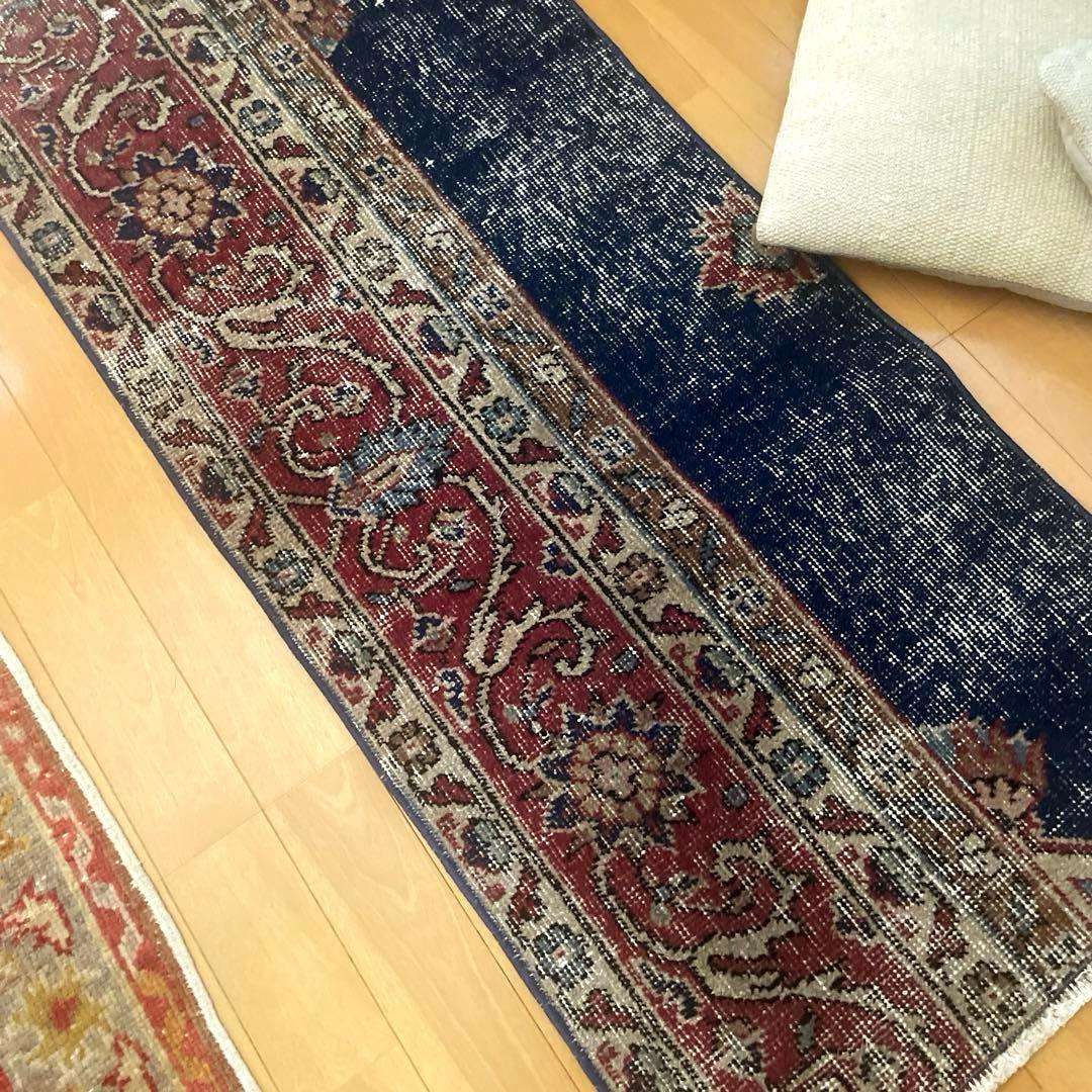50×150 ロングランナーラグ　ネイビー×レッド　トルコヴィンテージラグ