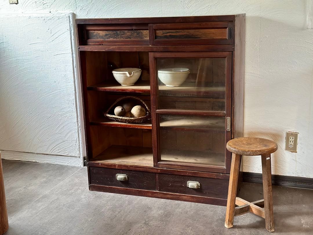 木製ガラス棚　食器棚　古道具　アンティーク