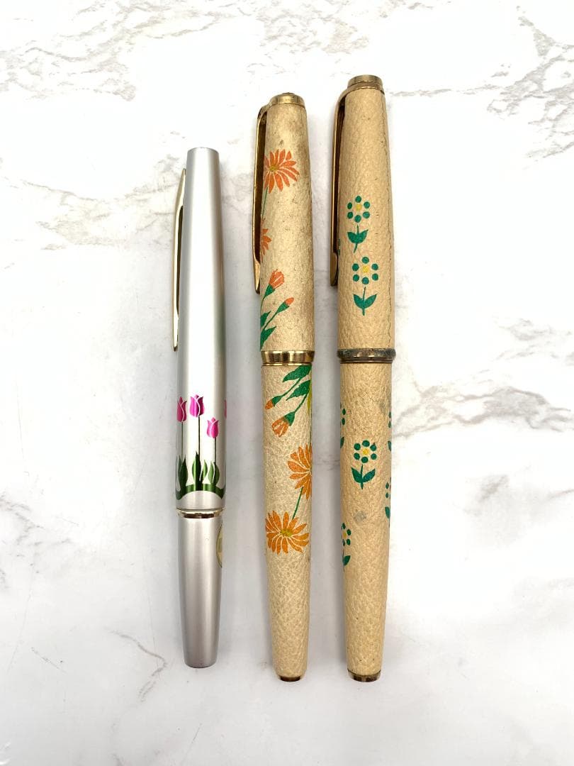 【３本まとめ】18K　花柄万年筆　昭和レトロ　ペン先無し
