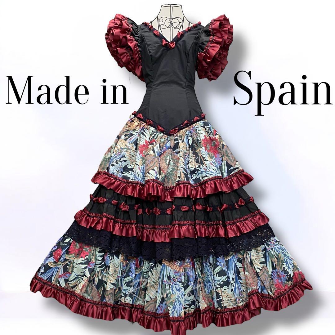 【スペイン製】高級 フラメンコ 衣装 ドレス ワンピース フリル リボン 黒 赤