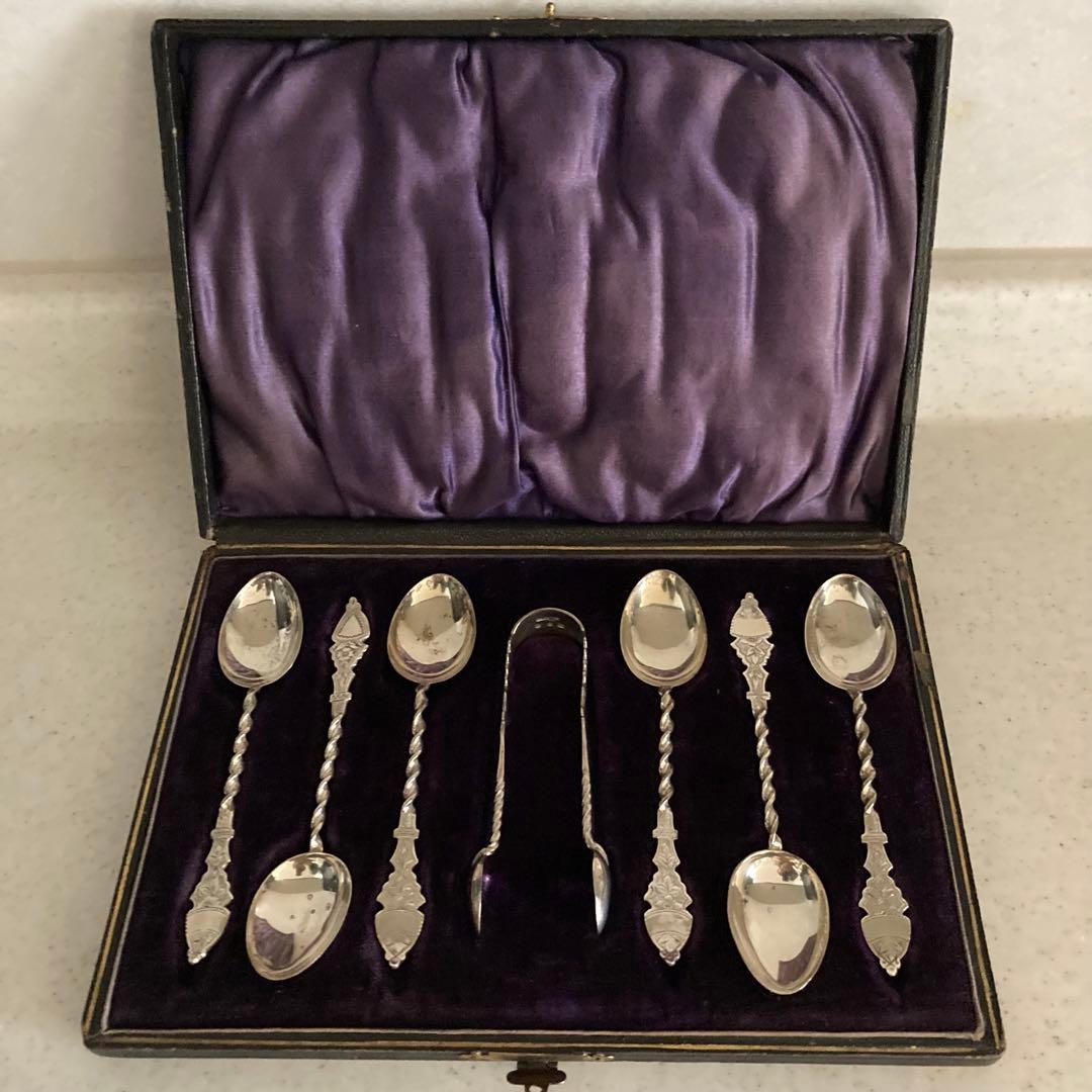 英国アンティーク 純銀製ティースプーン&トングセット　英国バーミンガム