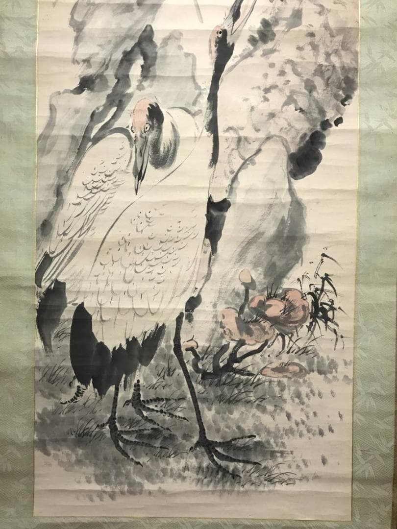 【真作】浅井柳塘/赤松双鶴図/松鶴図/鶴図/掛軸/名家伝来/AC-176