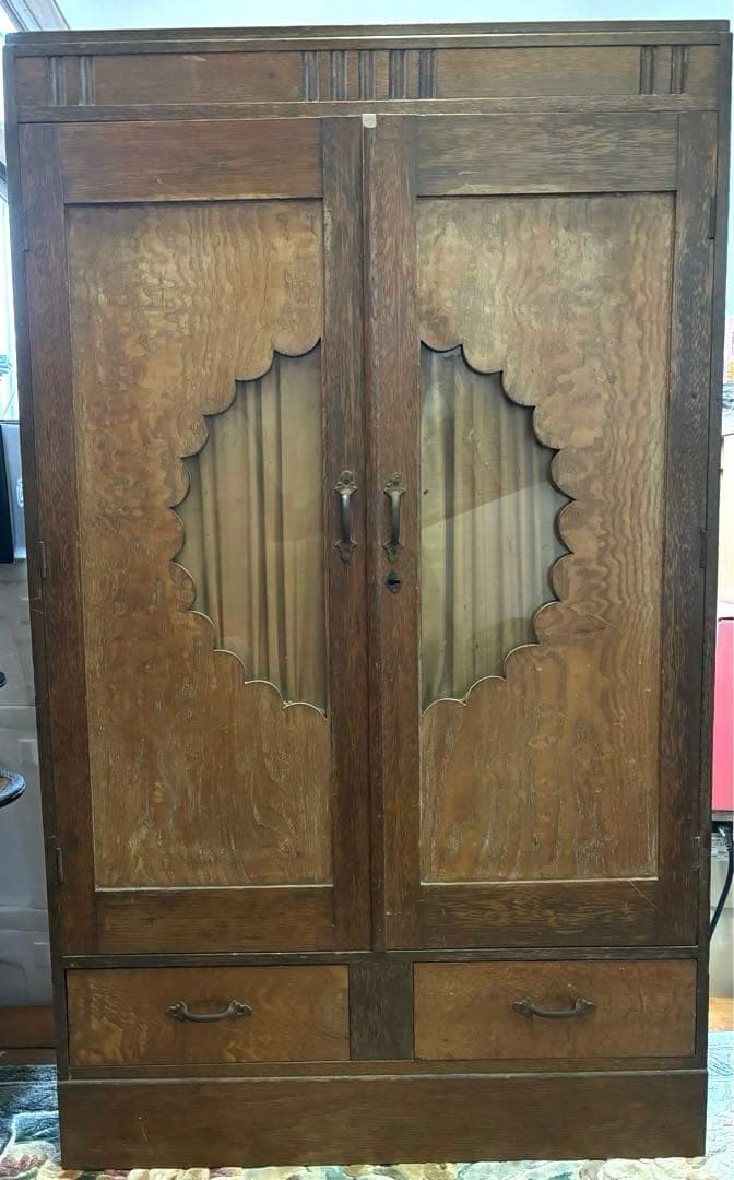 木製タンス ガラス扉 3段棚付き