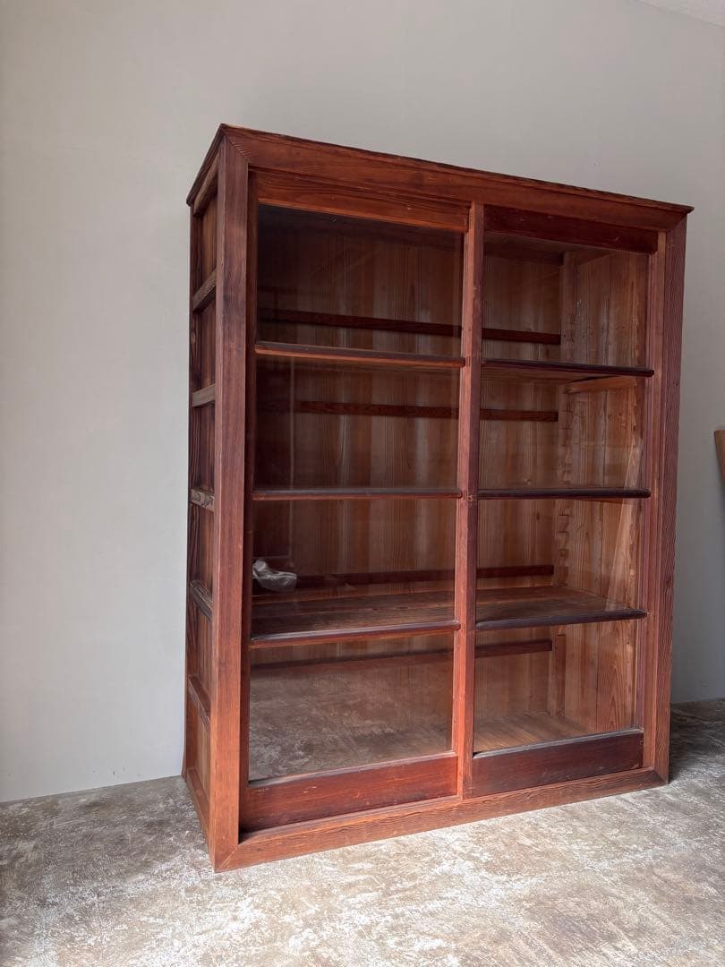 古い水屋　食器棚　ガラス棚　本棚　ガラスケース ショーケース　什器　天然木 1