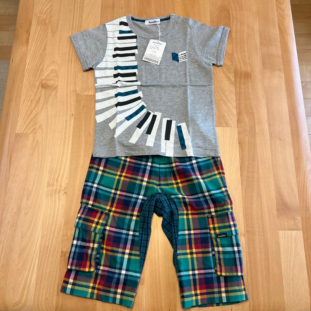 ファミリア　新品ピアノ鍵盤Tシャツ　緑系チェックハーフパンツ　120cm セット