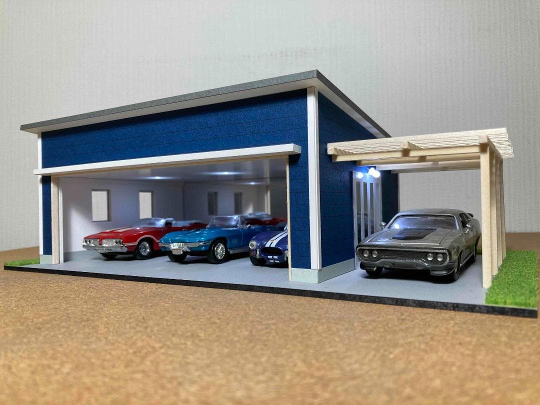 ミニカー用ジオラマ：1/43 木造パーゴラ付ガレージ（ダークブルー）ミラー貼り