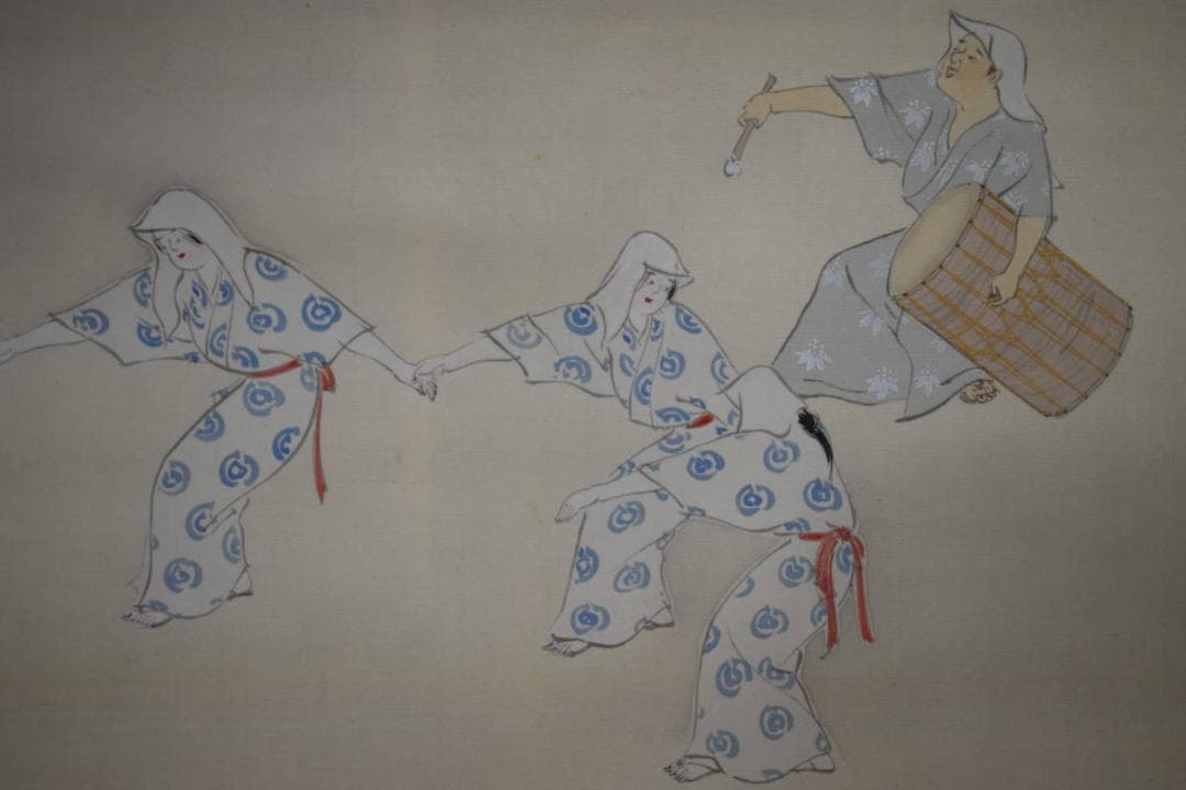 真作/服部有隆/盆踊り図/豊年踊り/桐共箱付/布袋屋掛軸HG-994