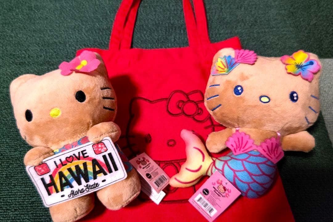 ◎ハワイ限定 ぬいぐるみ日焼けキティ人魚マーメイドとナンバープレートキティ2点