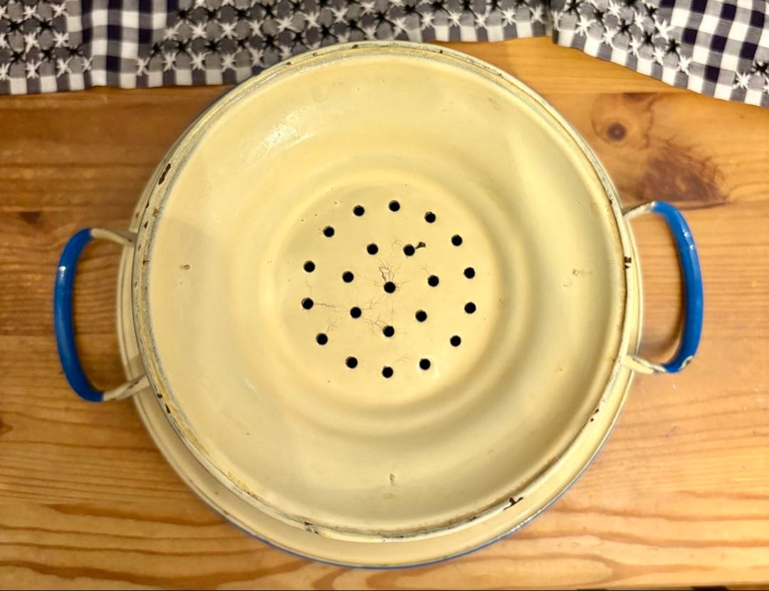 ◆希少美品◆イギリスアンティーク ホーローコランダー　クリーム×ブルー