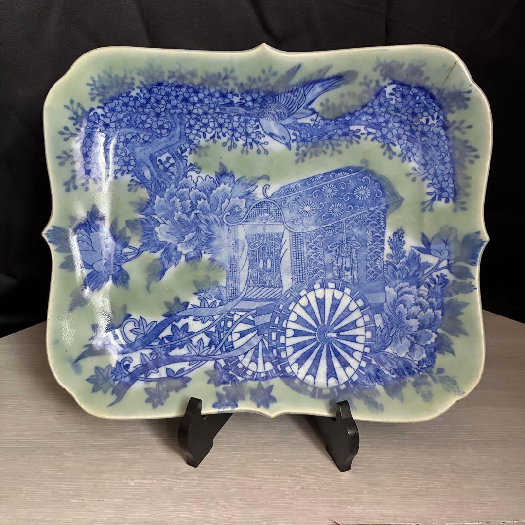 時代物 印判皿 特大皿　御所車 牡丹 枝垂れ桜 縁起物 骨董 大皿　金継ぎ用