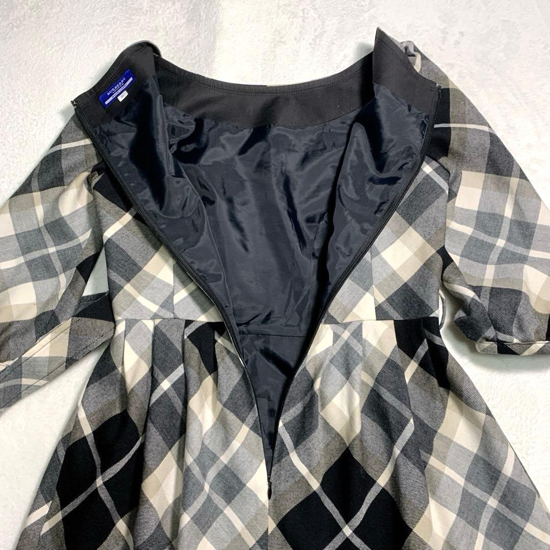 バーバリー　フレアワンピース　Ｓ　黒ノバチェック　毛　ウエストベルト　ホースロゴ