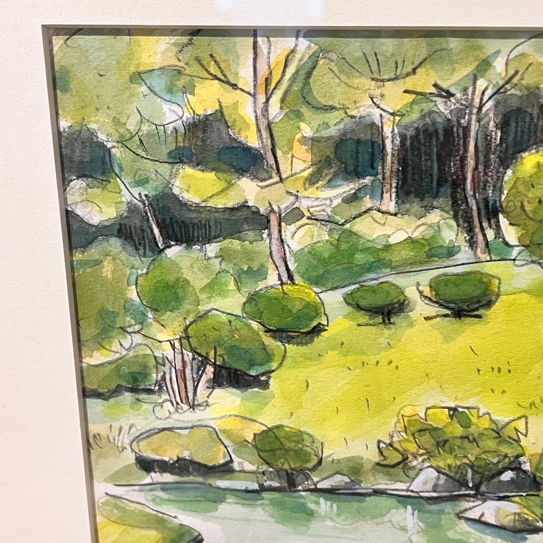 透明水彩画　日本庭園　MARUO 額縁入り　緑　園庭　インテリア　希少
