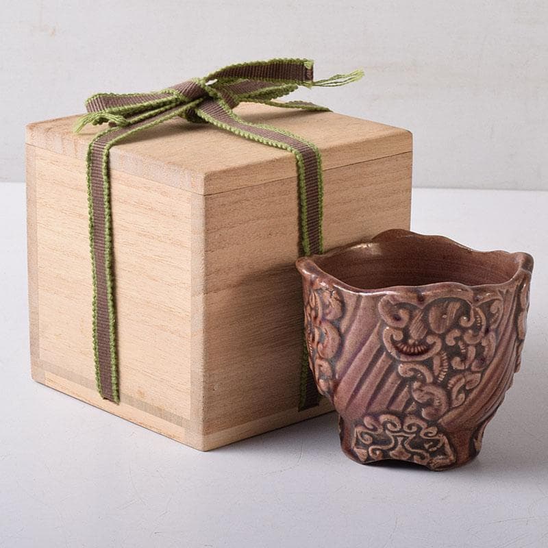 中国　紫交趾　花口酒盃　時代箱　C　R8473