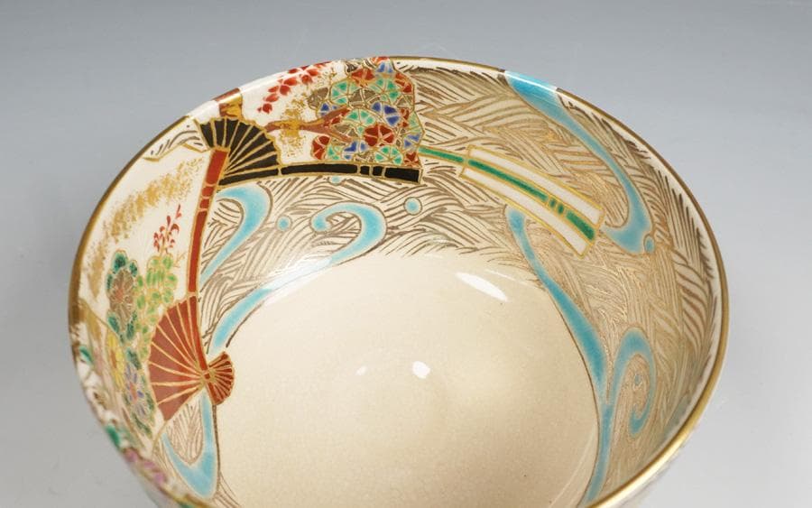 京焼 与山窯 小川由雄 仁清扇面草花茶碗 茶道具