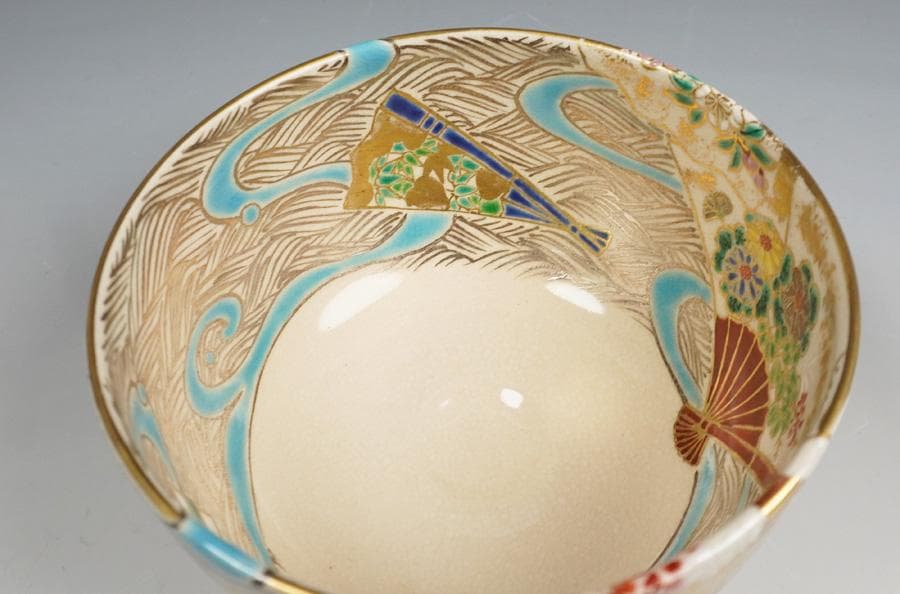 京焼 与山窯 小川由雄 仁清扇面草花茶碗 茶道具