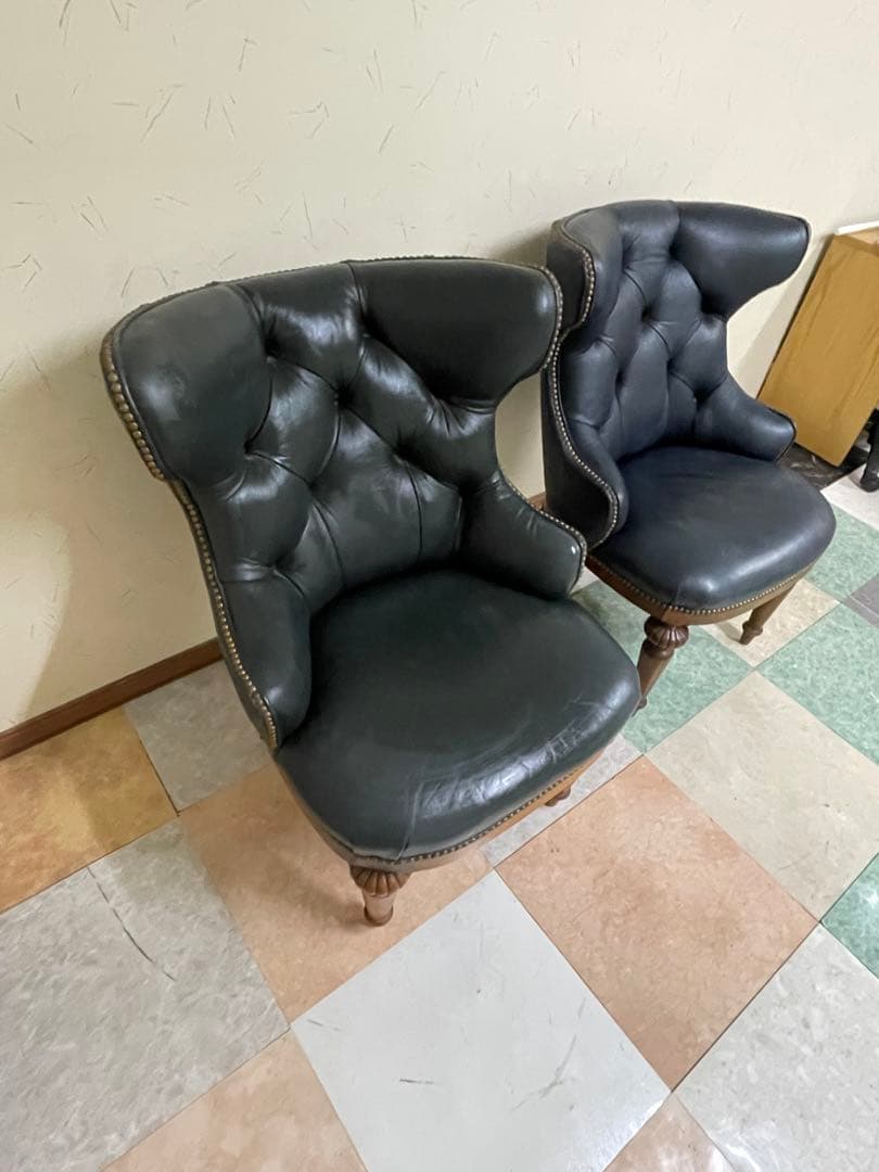 ダークブルー レザー クラシックチェア 2脚セット